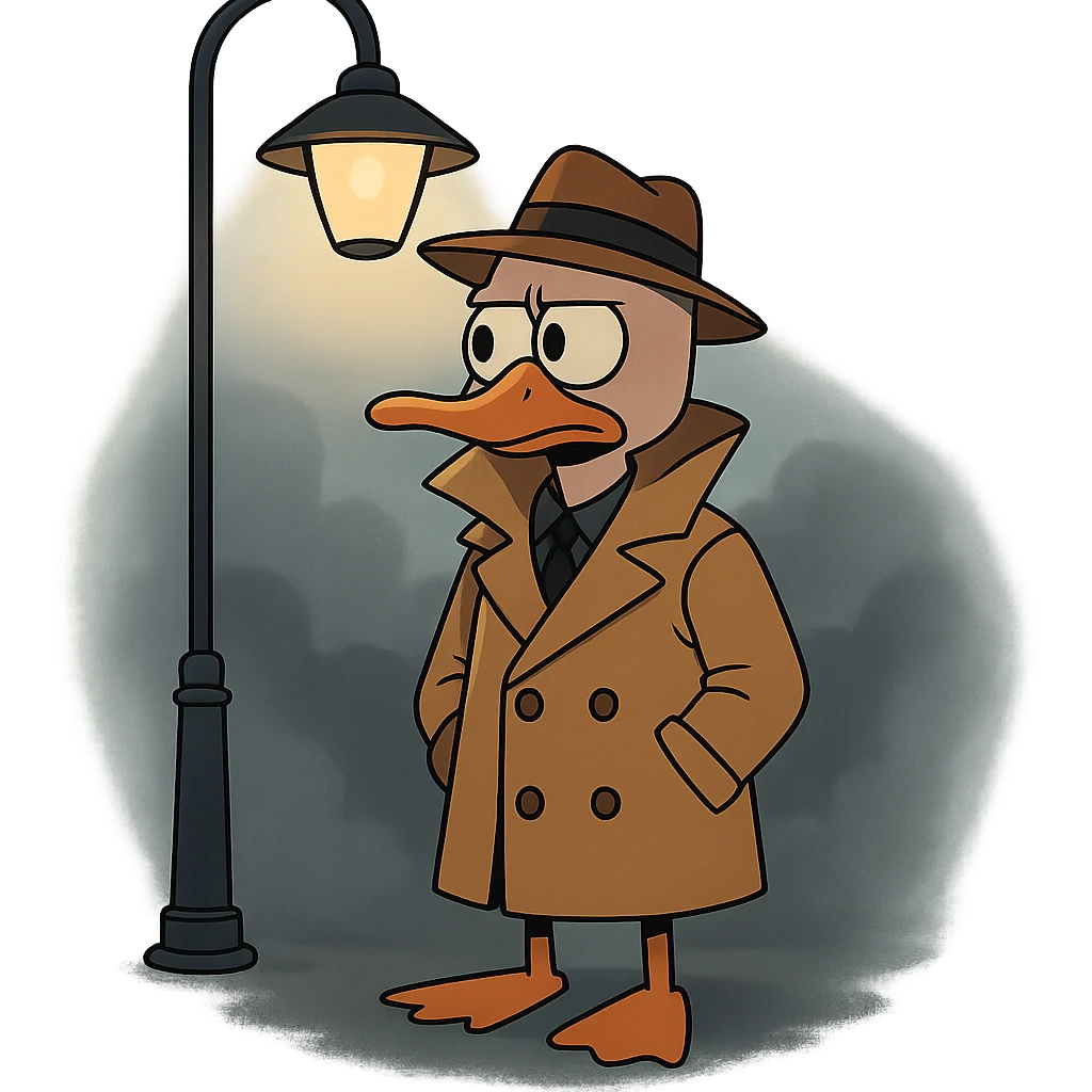 mysterious atmosphere duck detective in raincoat standing under a streetlamp with foggy background emoji