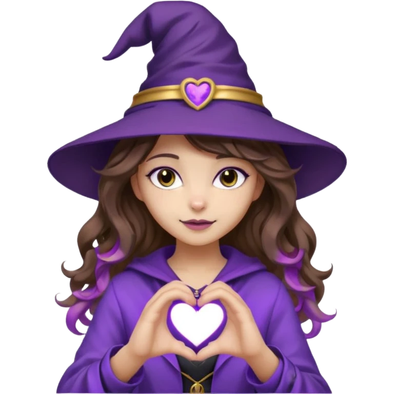 girl with wavy brown hair with lilac tips, making a heart with hands, stylish clothes in purple and black tones, purple and gold witch hat with cat ears emoji
