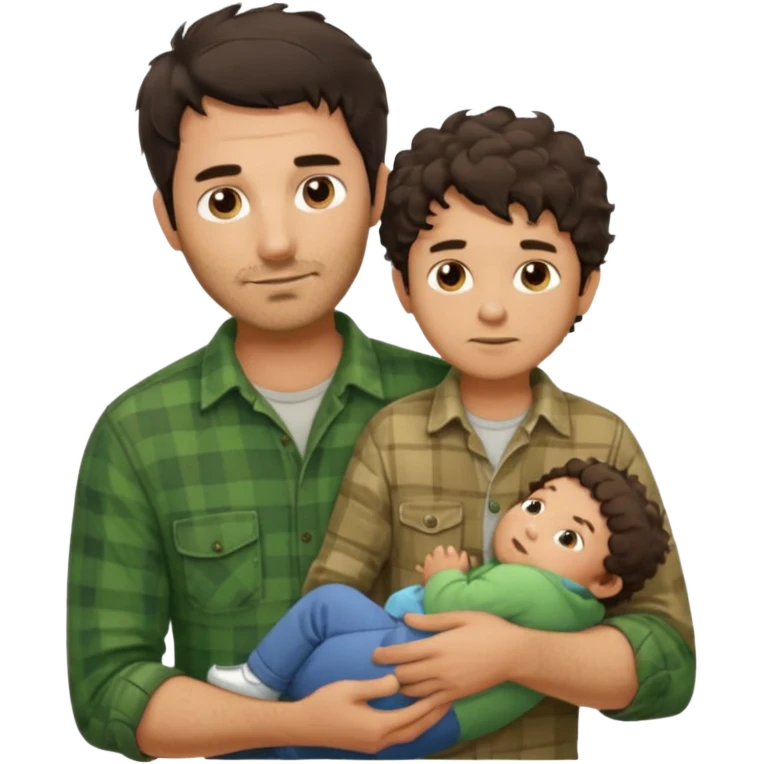 A father with messy medium-length dark hair and light stubble, wearing a green flannel shirt. He holds his child who has short curly brown hair and a cream-colored romper. Cozy warm lighting, authentic family moment. emoji