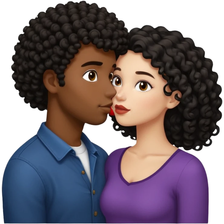 Black guy with curly hair and white girl with black hair, kissing emoji