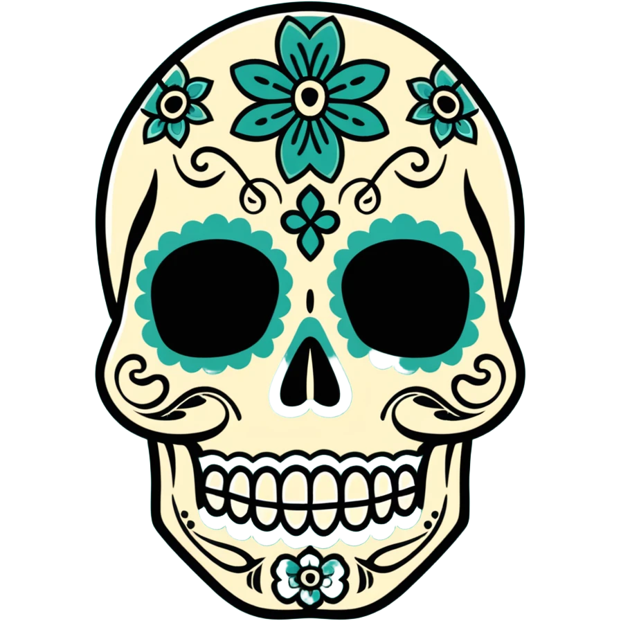 decorated sugar skull in Milwaukee Bucks team colors (dark green, cream, and light blue) emoji