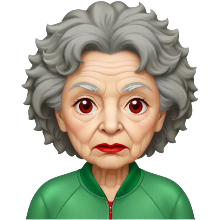 Han Mi-nyeo: Age Late 70s
A woman with many wrinkles face, frizzy, very messy dark brown hair and dramatic red lipstick.
Outfit: Green player tracksuit emoji