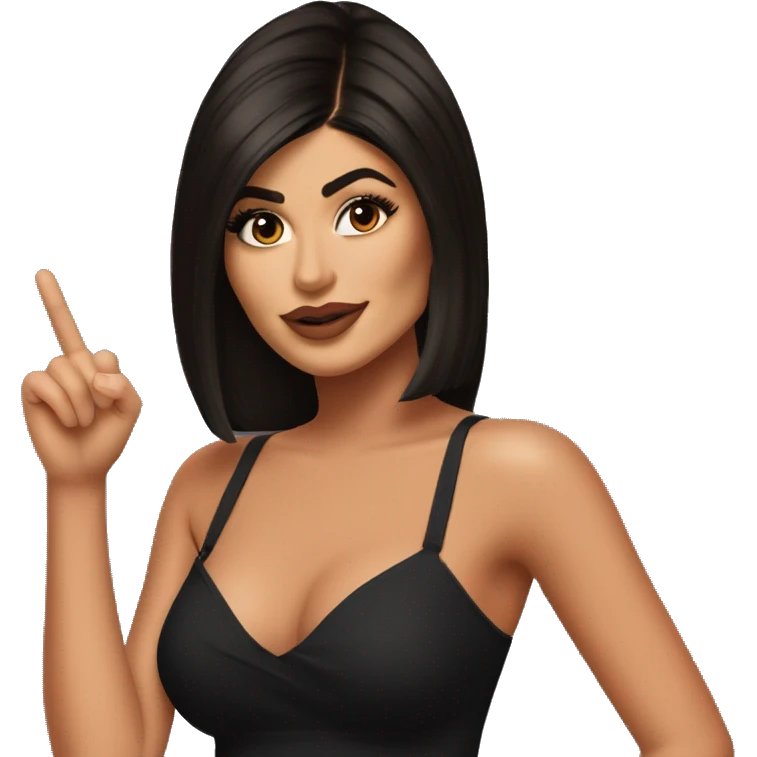 Emoji of Kylie Jenner with brown hair in a black mini dress with bra, confidently pointing forward with a stylish, influencer vibe pointing forward emoji