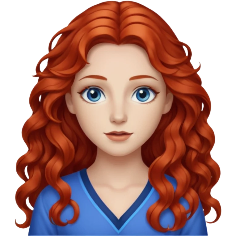 Chappell Roan (b.1998) with red long wavy hair, makeup, blue eyes emoji