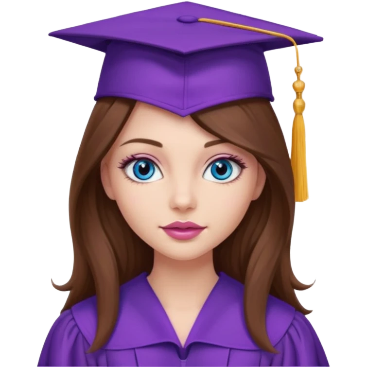girl with beautiful long brown hair, blue eyes, long lashes makeup, sexy pink lips, wearing a purple graduation cap and gown emoji
