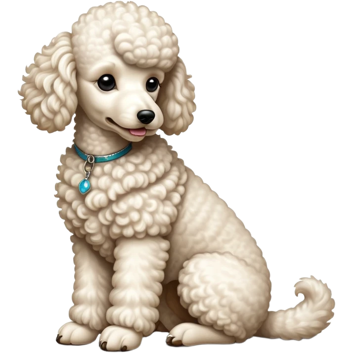 cinematic-[poodle]-realistic-full-body-sitting-emoji,-tail-resting-loosely-beside-its-paws,-head-tilted-dramatically, -curly-[cream white]-fur,-simplified-yet-realistic-focused-features,-highly-detailed,-glowing-with-an-almost-sarcastic-glow emoji