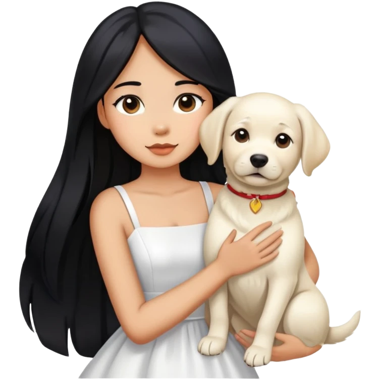 A beautiful girl with long black hair and a white dress is holding a white Labrador emoji