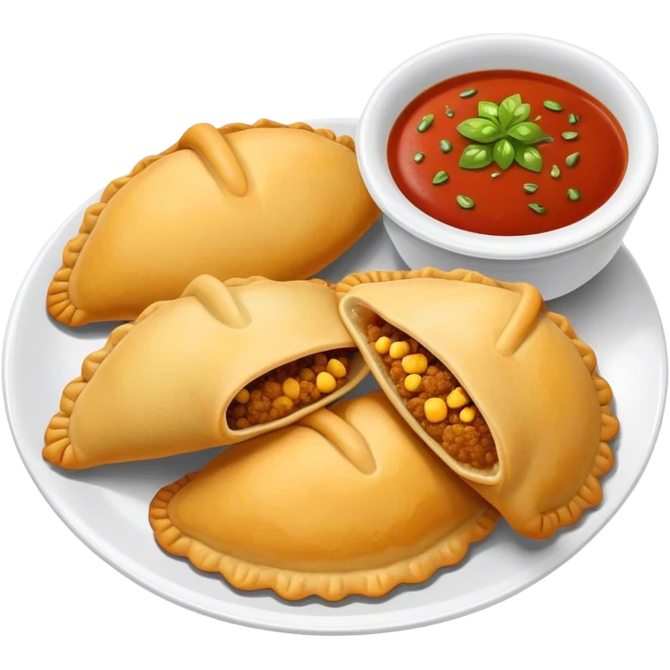 Cinematic Realistic Colombian Cornmeal Empanadas Emoji, showcasing the golden, crispy shell filled with savory meats and spices, served with a side of aji dipping sauce, rendered with vibrant textures and warm, inviting lighting. emoji