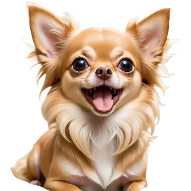 Cinematic Cute Yawning Long Haired Fawn Chihuahua Portrait Emoji, Head tilted slightly with a dramatic, wide-open yawn, flowing long fawn hair with delicate highlights, floppy ears slightly drooping, round dark eyes barely open in drowsy contentment, Simplified yet irresistibly adorable features, highly detailed, glowing with a soft, cozy glow, high shine, relaxed yet expressive, stylized with a touch of whimsy, bright and endearing, soft glowing outline, capturing the essence of a sleepy yet affectionate companion, so drowsy it feels like it could stretch right out of the screen and curl up for a nap! emoji
