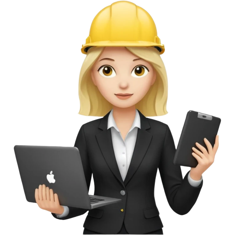 сделай специалиста по охране труда, светловолосую девушку с ноутбуком в руках в желтой каске и черном брючном костюме без шильдиков на касках emoji