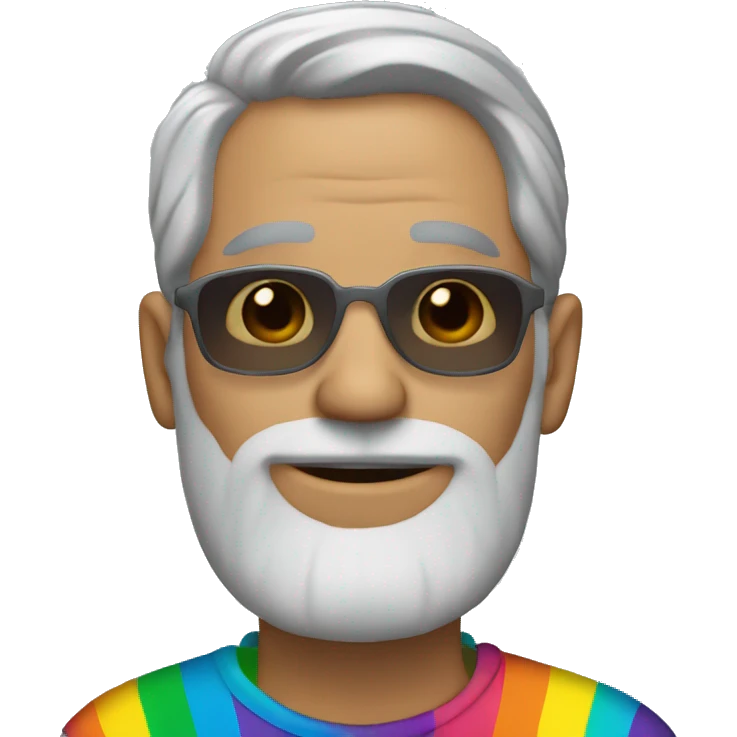 British Man with grey hair and grey beard and with shades and earring with rainbow tshirt  emoji