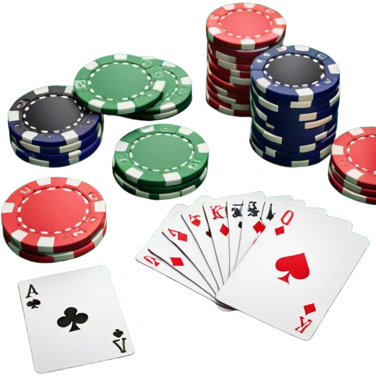 A photorealistic icon featuring playing cards and a stack of poker chips on a green felt table. Bright, detailed design with realistic textures and lighting. Transparent background, clearly symbolizing card games and strategy. emoji