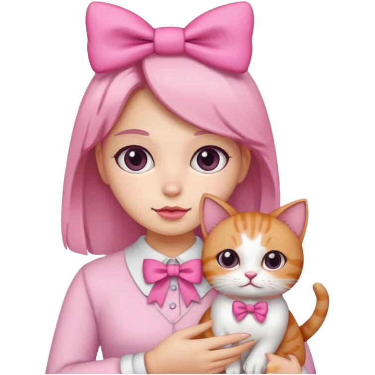 A gurl with pink bow holding a cat emoji