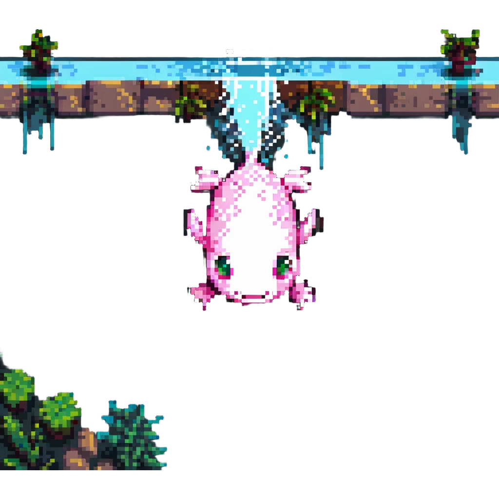 Minecraft axolotl swimming, pixel art, blocky water effects, cheerful expression emoji