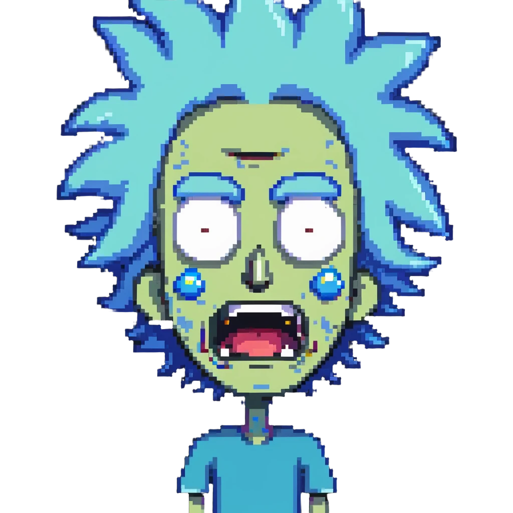 Rick from Rick and Morty with angry expression, wild blue hair, furious face emoji
