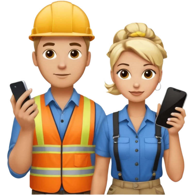 White male construction electrician and pretty blond office hair stylist with a bun holding phone emoji