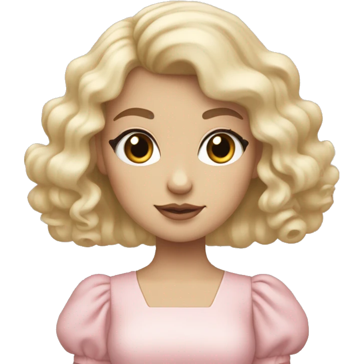 Blonde, pale girl with bangs and long, curly hair and a pastel pink puff sleeve dress emoji