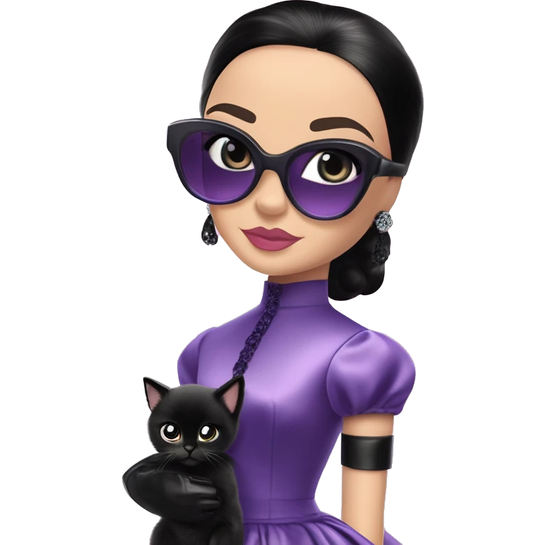 Violet Eyes Elizabeth Taylor Barbie. Jenna Ortega Wednesday Addams.Satin dress, opera gloves,pumps, bracelet, earrings, sunglasses Cuddling up with Slippers the kitten. emoji