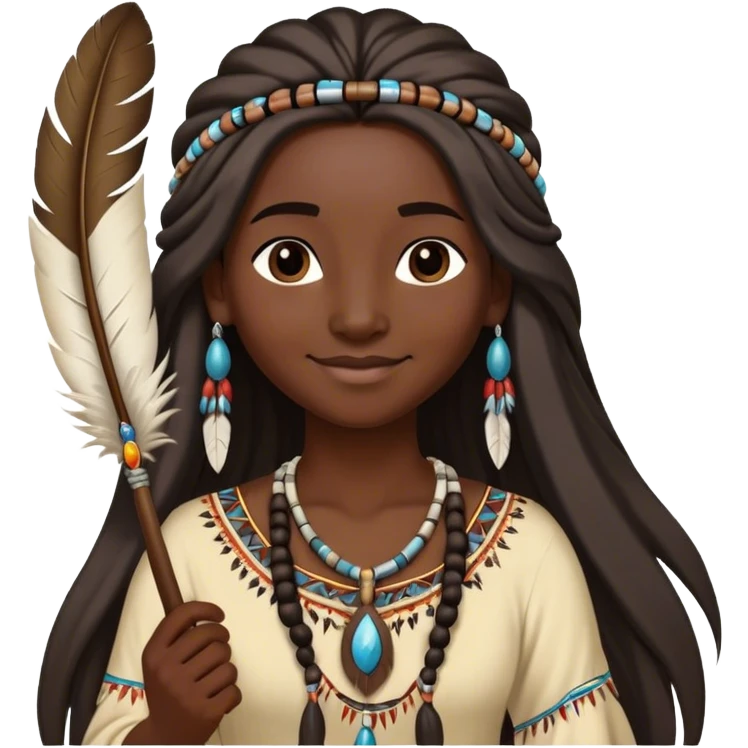 Cinematic Realistic Pocahontas Portrait, depicted with lifelike skin texture, soft natural lighting, and intricately detailed long, flowing raven-black hair that moves gracefully in the wind. Her deep, soulful dark brown eyes exude wisdom and strength, complemented by a serene yet powerful expression. She is shown gently holding a feather in one hand, her other hand resting lightly at her side, embodying the harmonious balance between nature and herself. She is dressed in her classic one-shoulder native American dress, with rich fabric textures and delicate beaded details that catch the light beautifully. The portrait features a soft, sun-kissed glow with a natural, radiant finish, capturing the essence of untamed beauty and deep connection to nature in a realistic and painterly style, evoking a sense of depth and authenticity. emoji