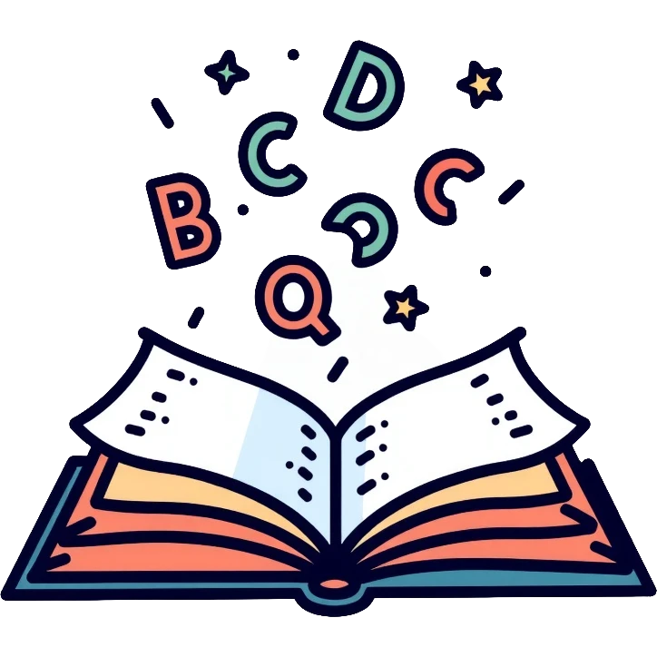 Literacy app icon with open book and alphabet letters floating above it emoji
