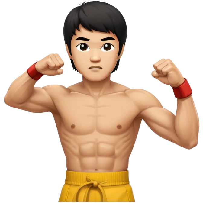 Bruce Lee in his iconic fighting stance with raised fists and martial arts pose emoji