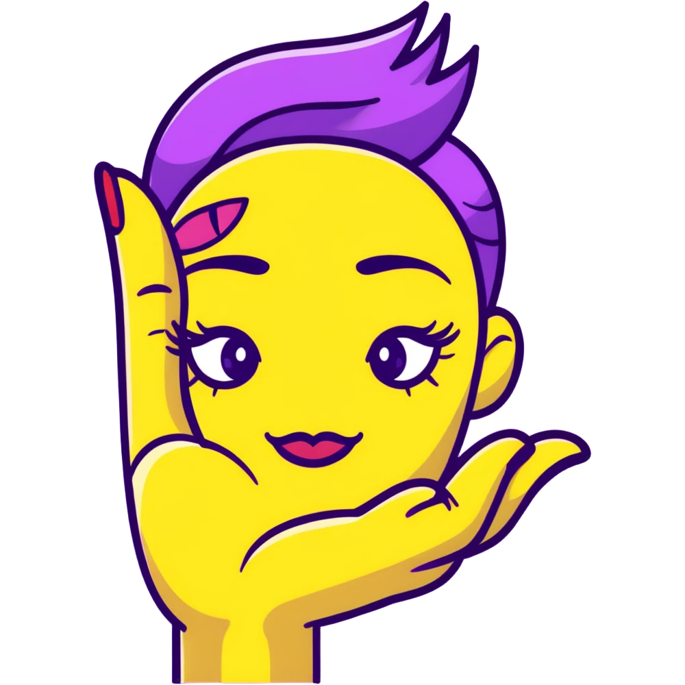 Classic yellow emoji face with closed eyes that form upward curved lines, eyelashes, pursed lips with lipstick, and a hand gesture with only the thumb out while other fingers are closed, all nails painted emoji