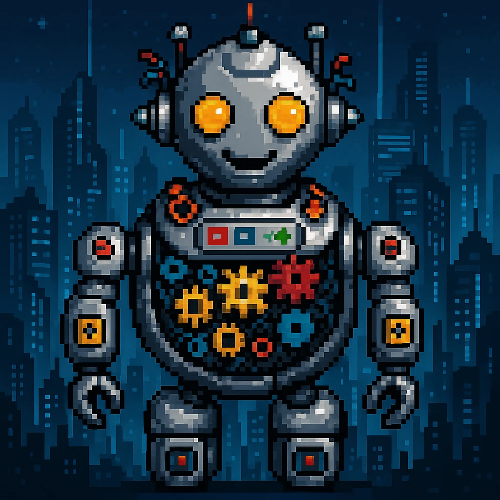 Add a futuristic city background, keep the robot with gears and data streams as the main subject, maintain pixel art style emoji