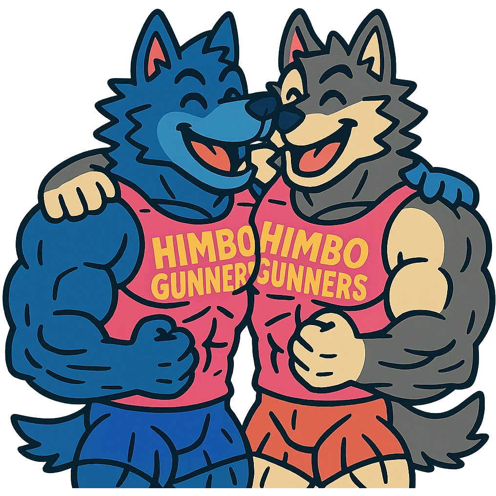 pair of ultra-muscular wolf furries wearing 'Himbo gunners' t-shirts, hugging, cheerful and energetic, very large and defined muscles emoji
