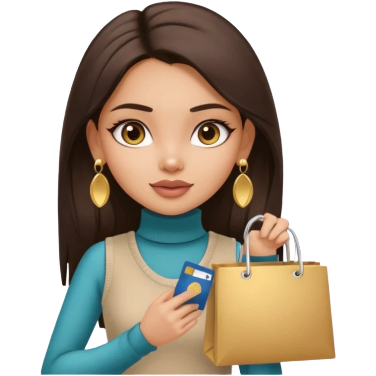 a pretty bratz fair indian girl wearing a beige sleeveless turtleneck, golden earrings, straight ling hair, holding bank cards, dark brown hair, carrying shopping bags emoji