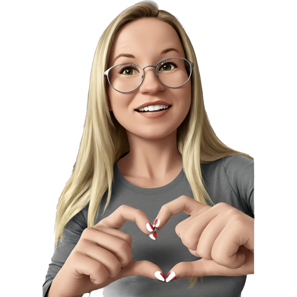 blonde girl with heart hands emoji