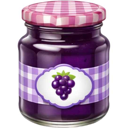 small glass jar filled with vibrant purple jam, thick texture with air bubbles and fruit bits, gingham-patterned lid, small blank label, 3D, clean, soft lighting, glass reflections, soft shadows, no anthropomorphic features, transparent background, emoji scale emoji