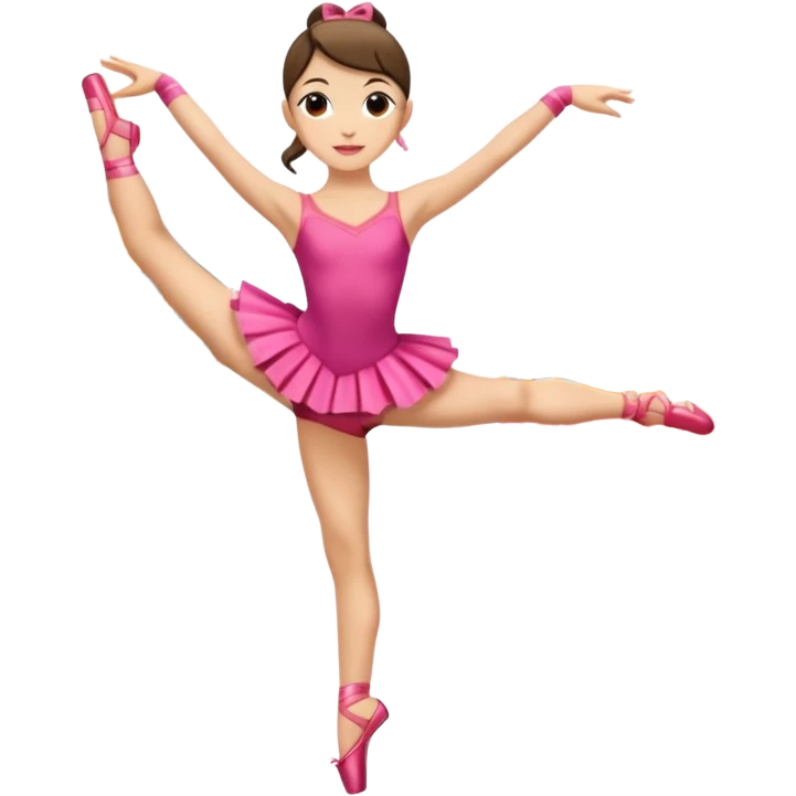 Una chica con vestuario de bailarina con las piernas flexionadas, el dedo índice en la boca, el tren superior inclinado hacia la izquierda y con la cadera proyectada hacia la izquierda emoji
