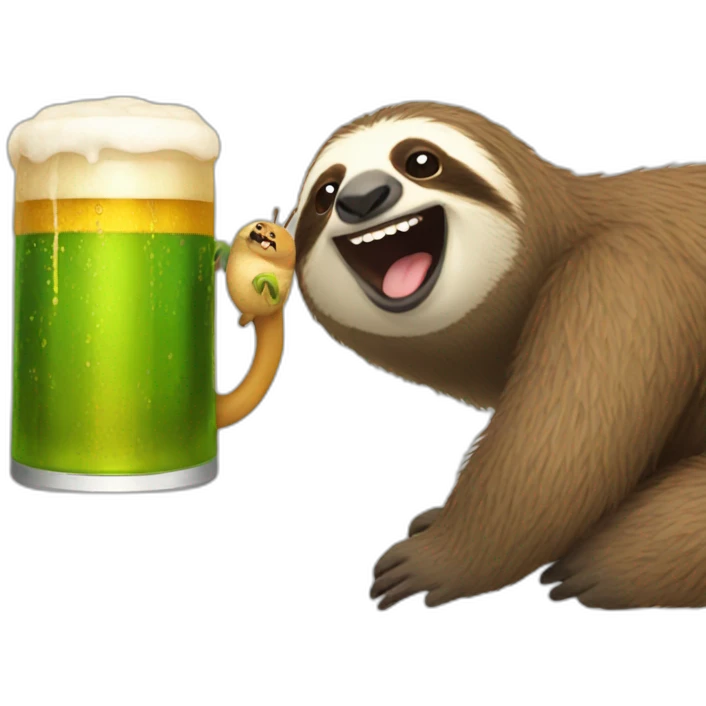 sloth with beer in hand riding a smiling caterpillar emoji