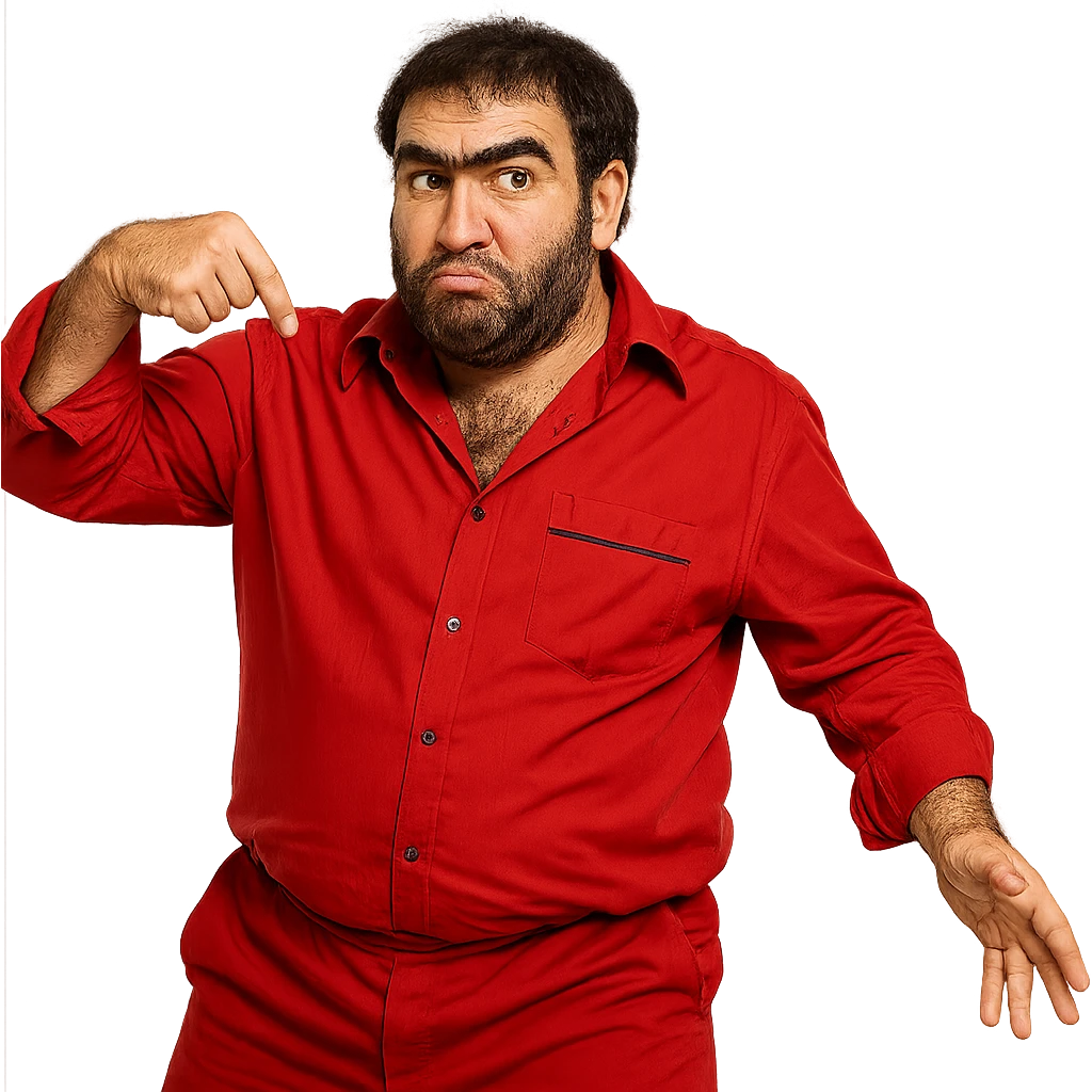 Recep İvedik, recognizable Turkish comedy character, bushy mustache, unibrow, red tracksuit, expressive face, humorous pose emoji