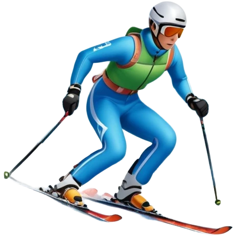 An icon featuring snowy peaks, pine trees, and a picturesque mountain landscape with a skier racing down a snow-covered slope. The sky is blue with soft clouds, capturing the thrill and beauty of alpine skiing. Transparent background highlights the excitement and serenity of winter sports. emoji