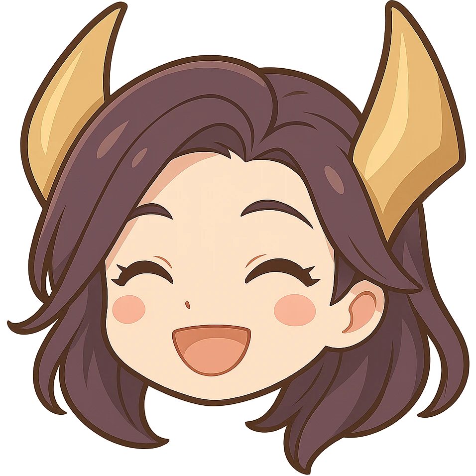 Create a chibi style emote of Kaisa from League of Legends showing a happy expression, only the head is visible. This is alternate happy expression 3 with a transparent background. emoji