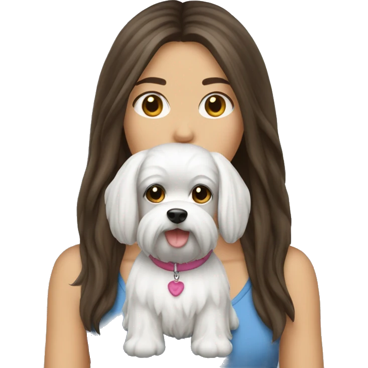 Brunette girl long hair with Maltese dog emoji
