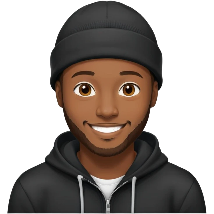 African yound man in his late 20s with a beanie and a bright smile with a short boxed beard, and a low cut hair, black hoody emoji