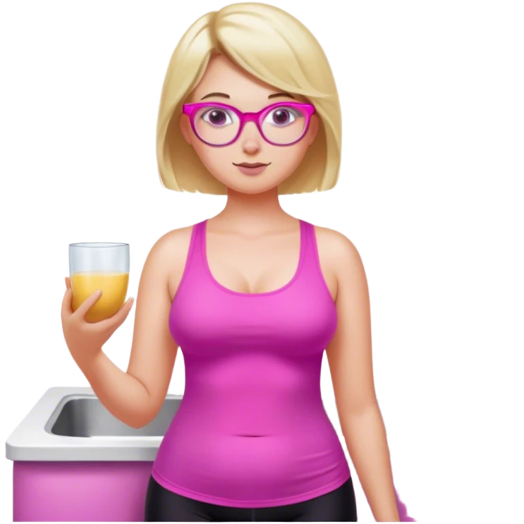 Curvy fair skinned woman, freckled skin, short blond hair, small light purple reading glasses, washing dishes, short flowing sheer hot pink tank top, without undergarments SFW, black yoga pants, thick booty emoji