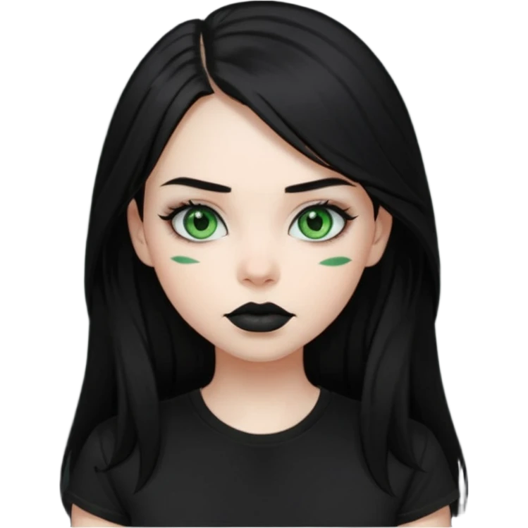 Black haired girl, green eyes, black lipstick, white skin, black t shirt, sharp face, long hair emoji