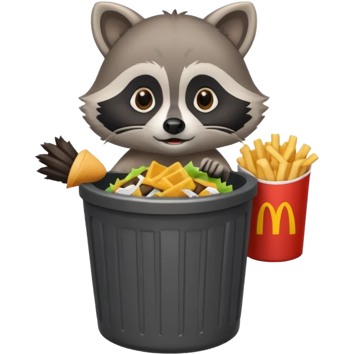 A cute raccoon eating McDonald's over a trash can emoji