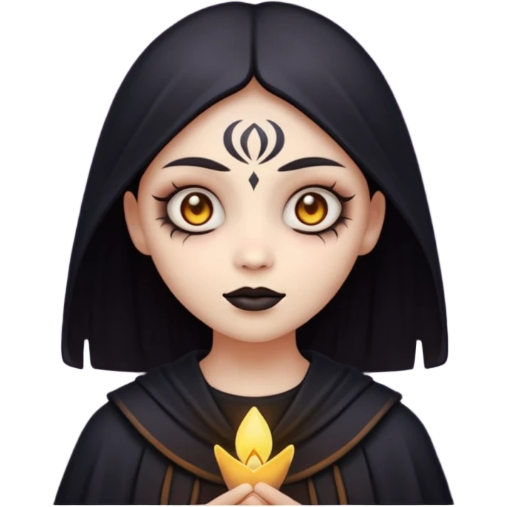 Stylized cult cartoon girl emoji, eerie-cute aesthetic, symmetrical design, subtle spooky vibe, glowing eyes, chanting “AMILK”, bold graphic icon emoji