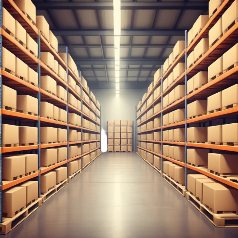 Modern warehouse interior, ultra-realistic, 4K, industrial shelves with boxes and pallets, soft lighting, realistic shadows, sharp focus, cinematic depth of field, professional photography. emoji