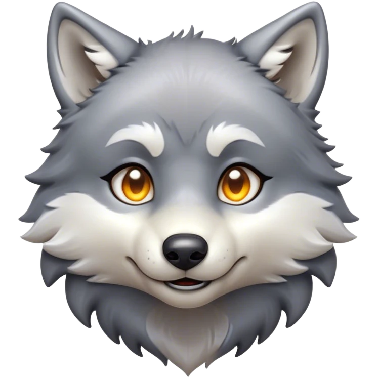 Cinematic Cute Wolf Portrait Emoji, Head tilted playfully and inquisitively, featuring a lustrous grey and white Fur with a wild, natural sheen, round, sparkling eyes filled with curious mischief, Simplified yet irresistibly adorable features, highly detailed, glowing with a warm, friendly glow, high shine, affectionate yet spirited, stylized with a touch of wilderness whimsy, bright and endearing, soft glowing outline, capturing the essence of a mischievous yet loving wolf, so playful it feels like it could bound out of the screen and into your arms! emoji