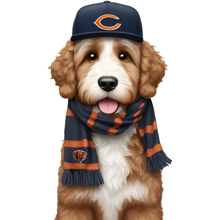 Bernedoodle with chicago bears hat and scarf emoji