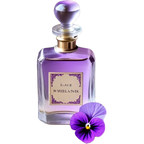 An ornate glass perfume bottle, filled with a delicate violet-hued elixir, rests on a lace-covered vanity tray, surrounded by pressed pansies in shades of lavender, plum, and amethyst, their petals softly curling with time. A worn leather-bound poetry book, its pages kissed with faded lilac ink, lies open beside it, exuding whispers of forgotten verses and fleeting romance emoji