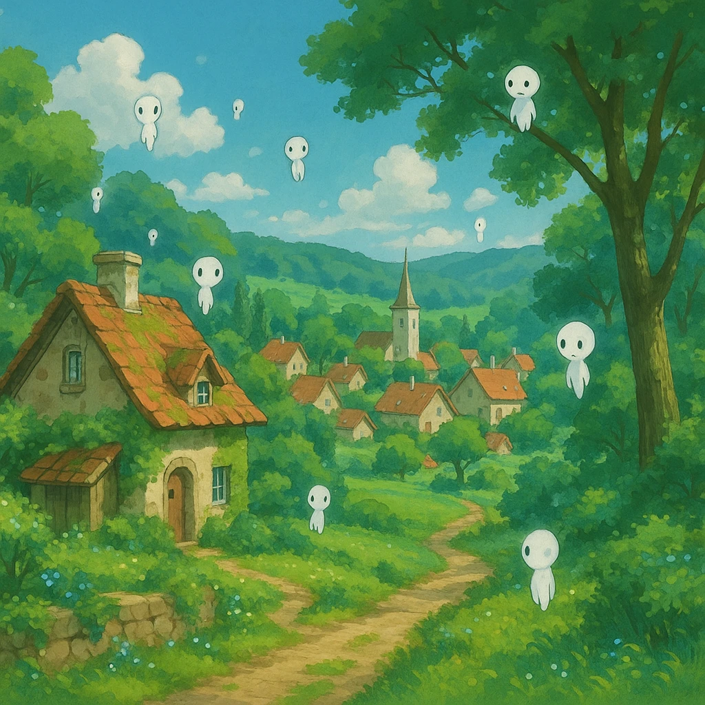 peaceful village with lush greenery and floating spirits, ghibli style emoji