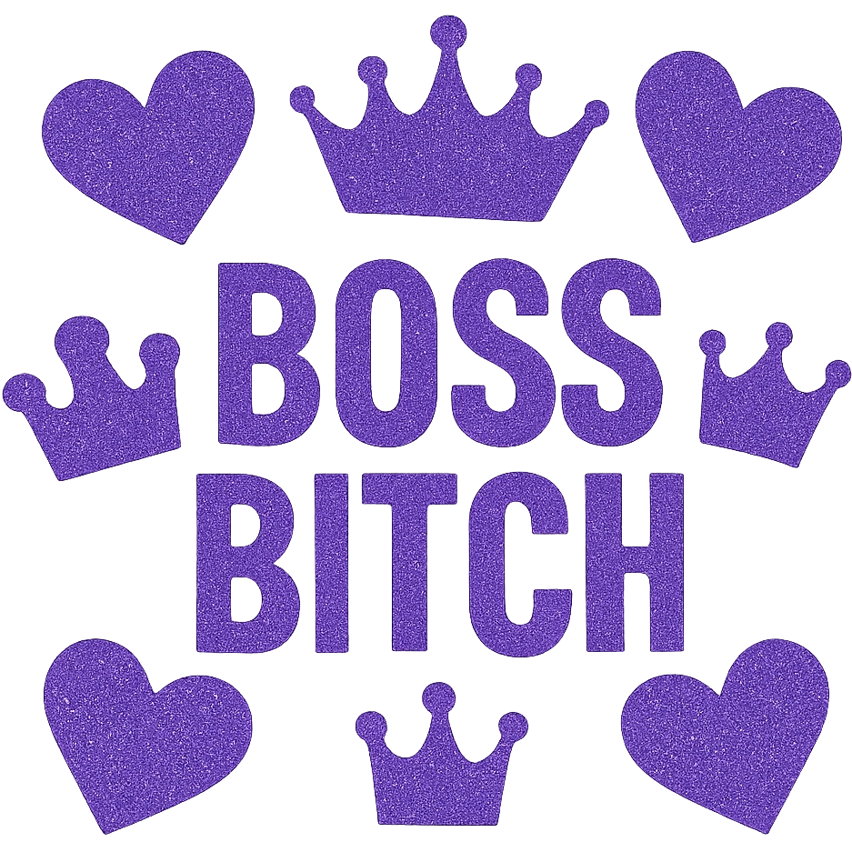 Purple Hearts and crowns with glitter and the words boss bitch, remove background emoji