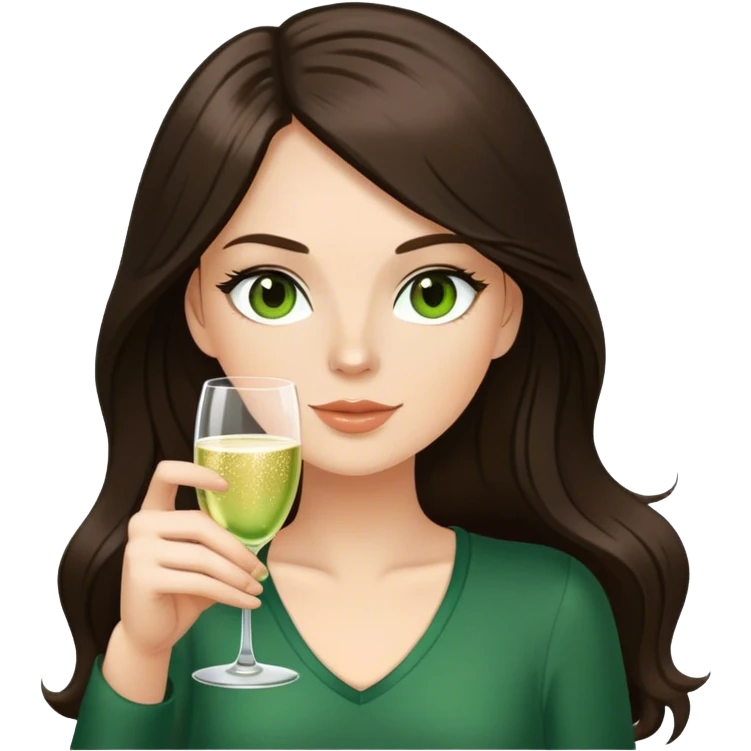 White girl with long dark brown hair and brown eyes and a green top and brown eyes with glass of champagne  emoji