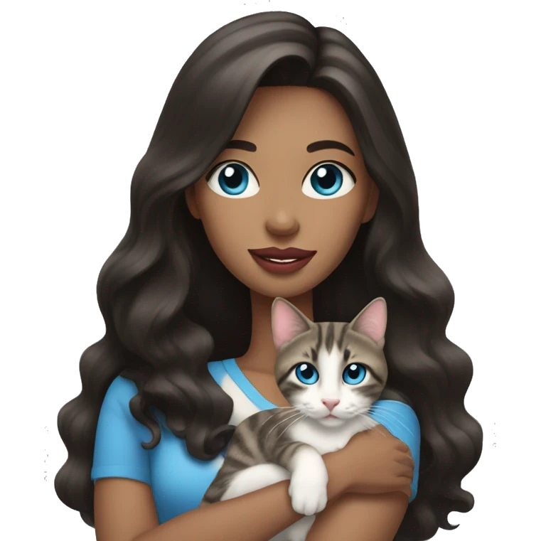 woman with long dark hair, pink lips,and blue eyes holding a tabby cat emoji